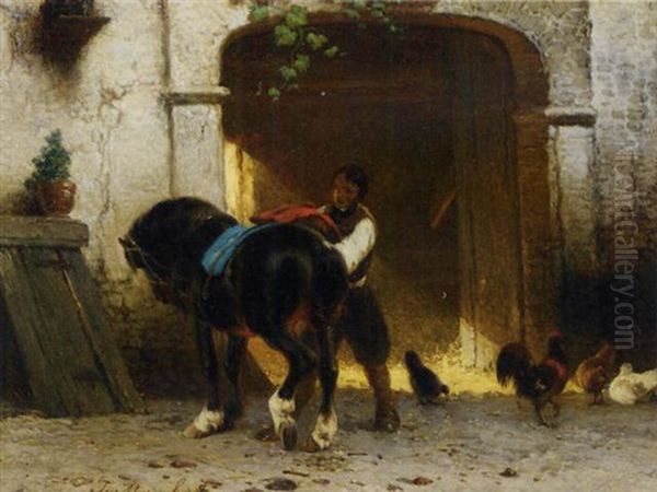 Saddling The Horse Oil Painting by Joseph Jodocus Moerenhout