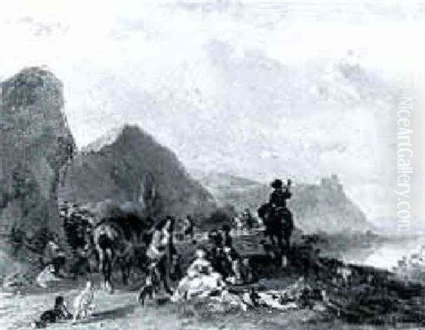 A Hunting Party Resting In A River Valley Oil Painting by Joseph Jodocus Moerenhout