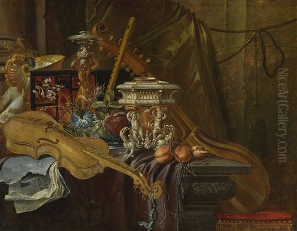 Still Life With Musical Instruments Oil Painting by Jan-Baptist Moerkercke