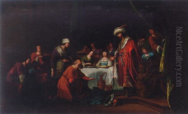 Joseph And Benjamin Oil Painting by Claes Cornelisz Moeyaert