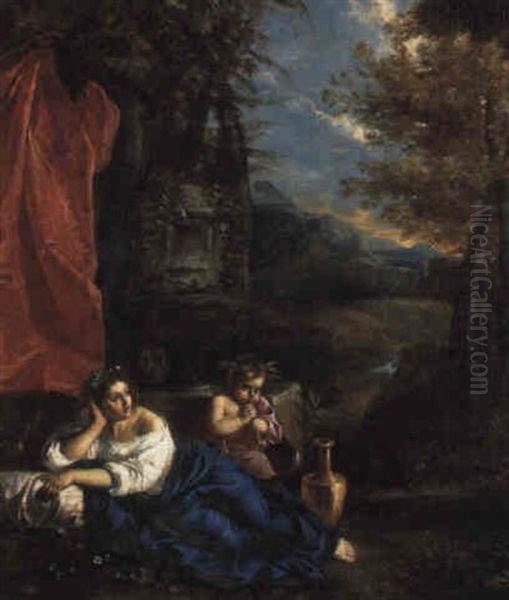 Flora And The Infant Bacchus In A Wooded Landscape Oil Painting by Pier Francesco Mola