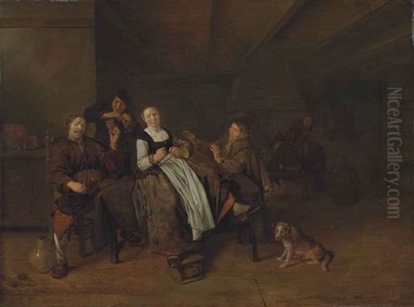 A Merry Group Of Figures Sitting In A Barn With A Dog, Others Gathering Around A Fireplace Oil Painting by Jan Miense Molenaer