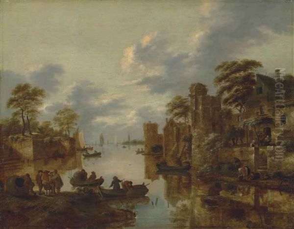 A River Landscape With Fishermen On The Left Bank And Rowing Boats And Other Figures Near A Walled Town By The Canal Oil Painting by Nicolaes Molenaer