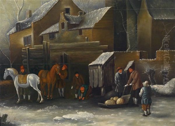 Winterlandschaft Mit Einem Schlitten Und Pferden Auf Einem Zugefrorenen Wassergraben Vor Stadthausern Oil Painting by Nicolaes Molenaer