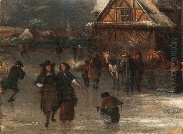A Winter Landscape With Figures Skating And A Horse-drawn Cart Oil Painting by Nicolaes Molenaer
