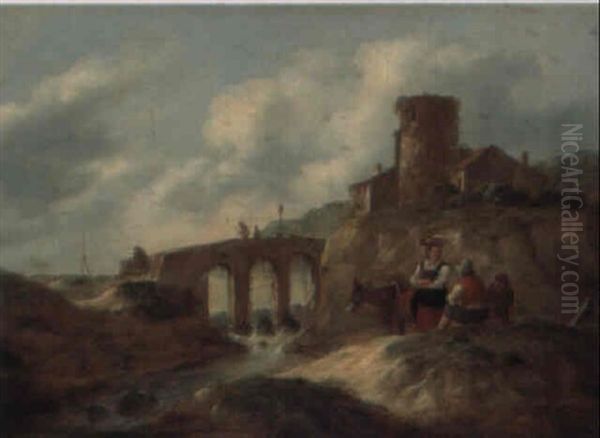 Fluslandschaft Mit Brucke Und Figurengruppe Oil Painting by Nicolaes Molenaer