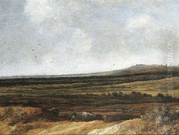 An Extensive Landscape With A Shepherd And His Cattle, Villages Beyond Oil Painting by Pieter De Molijn