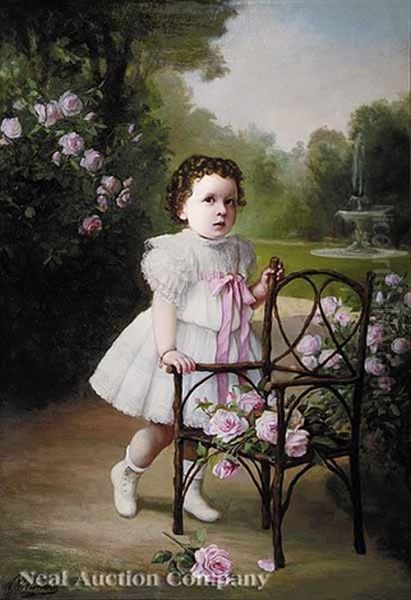 Portrait Of A Young Girl In A Bed Of Roses Oil Painting by Andres Molinary