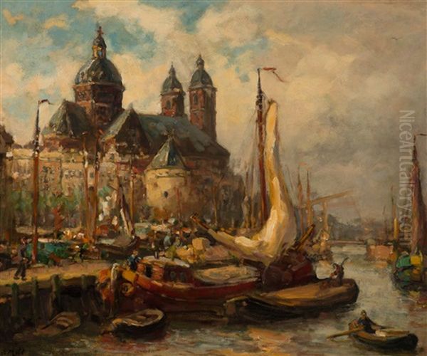 View Of The St. Nicolaaskerk And The Schreierstoren, Amsterdam Oil Painting by Evert Moll