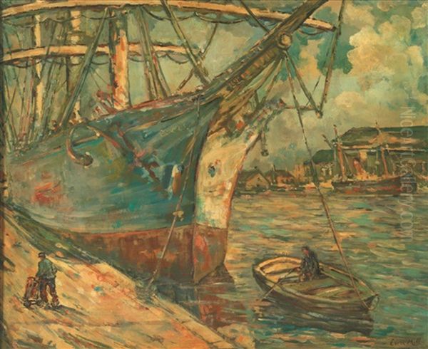 Hafenansicht Mit Grossegler (in Rotterdam ?) Oil Painting by Evert Moll