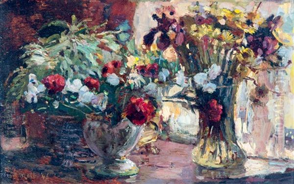 Flower Vases On Window Sill Oil Painting by Evert Moll