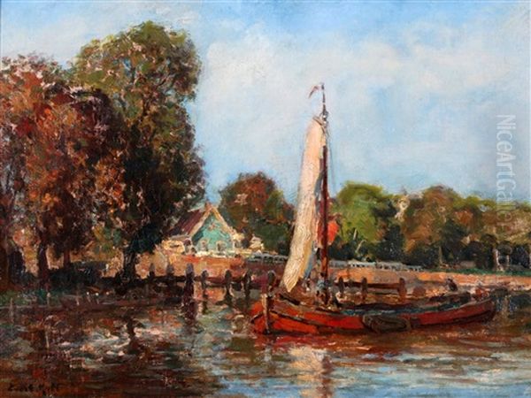 Platbodem Bij De Kade Oil Painting by Evert Moll