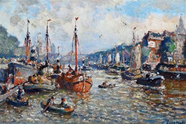 Bedrijvigheid In De Haven Oil Painting by Evert Moll