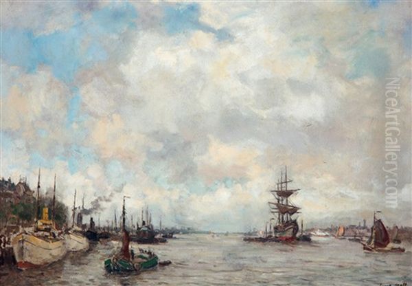 Schepen Op De Rotterdamse Maas Bij De Boompjes Oil Painting by Evert Moll