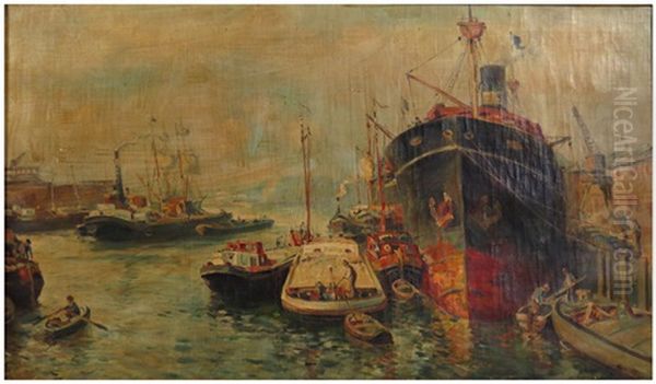 Busy Harbor Scene With Ship At Dock Oil Painting by Evert Moll