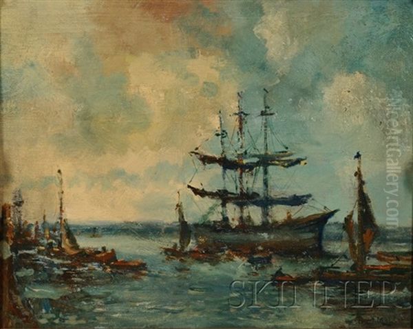 View Of A Tall Ship In A Harbor Oil Painting by Evert Moll