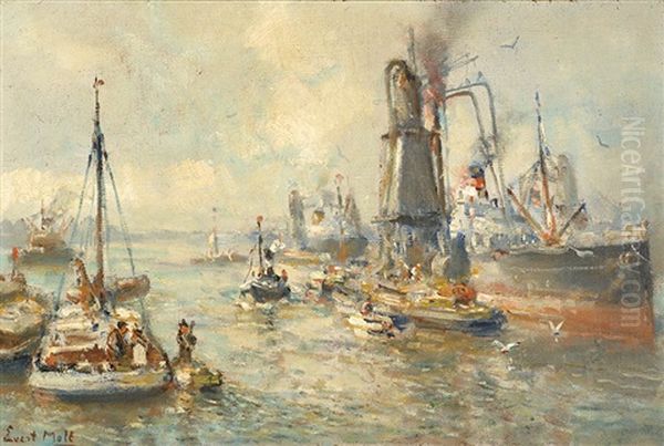 Activity In The Rotterdam Harbour (+ Ships On The River Maas In Rotterdam, Smllr; 2 Works) Oil Painting by Evert Moll