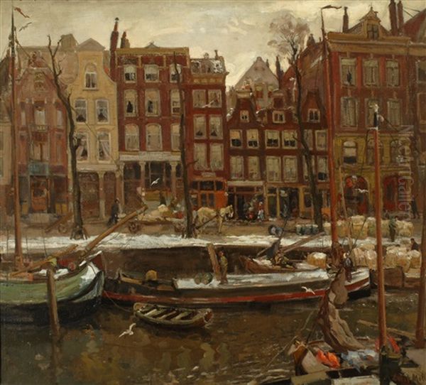 A Busy Rotterdam Canal Oil Painting by Evert Moll