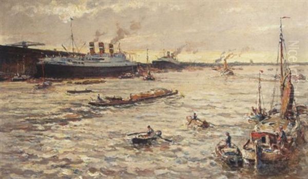 A Harbour Scene With Steam Ships In The Background Oil Painting by Evert Moll