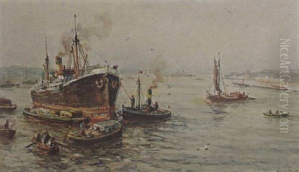 Boats In The Harbour, Rotterdam Oil Painting by Evert Moll