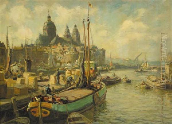 Moored Sailing Barges In Amsterdam With The St. Nikolaaskerk And The Schreierstoren Beyond Oil Painting by Evert Moll