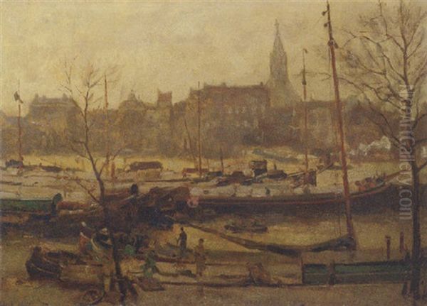 A Busy Day On The Quay, Rotterdam Oil Painting by Evert Moll