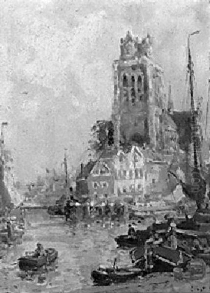 The Harbour Of Dordrecht, With The Grote Kerk Beyond Oil Painting by Evert Moll