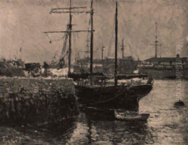 A Three-masted Moored In A Harbour (scheveningen?) Oil Painting by Evert Moll