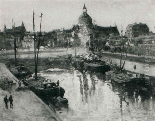 A Rotterdam Quay At Night Oil Painting by Evert Moll