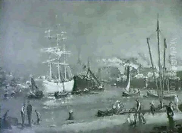 A White Three Master In A Busy Harbour Oil Painting by Evert Moll