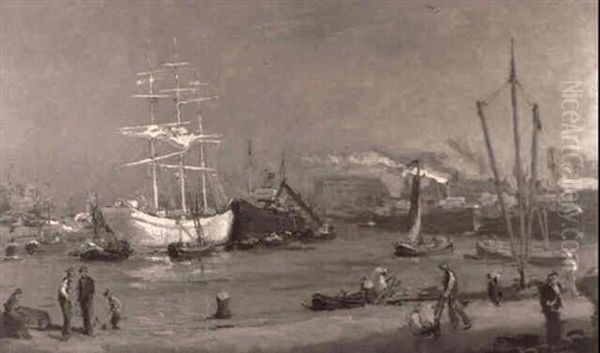 A White Three Master In A Busy Dutch Harbor Oil Painting by Evert Moll