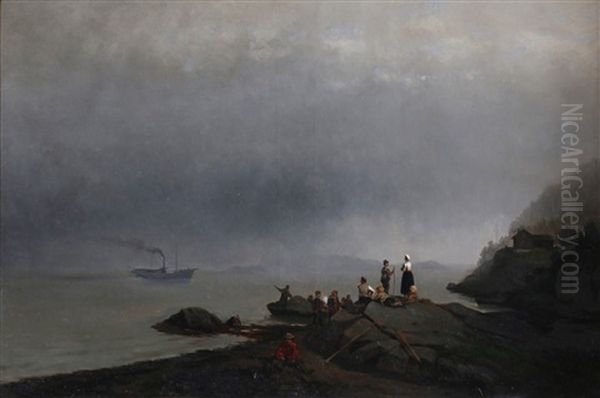 Folkelivsscene I Strandkanten Oil Painting by Niels Bjornsen Moller