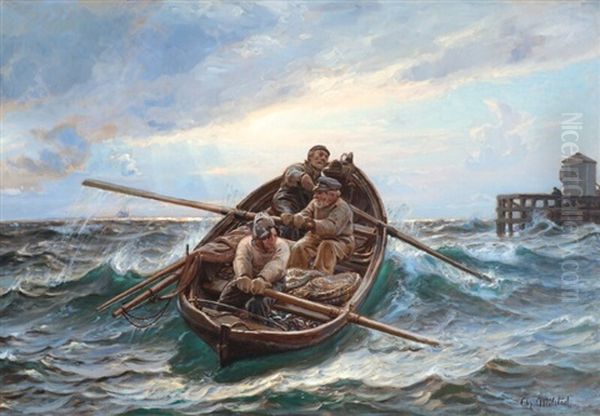 Fishing Boats In Rough Seas Near Dragor Oil Painting by Christian Molsted