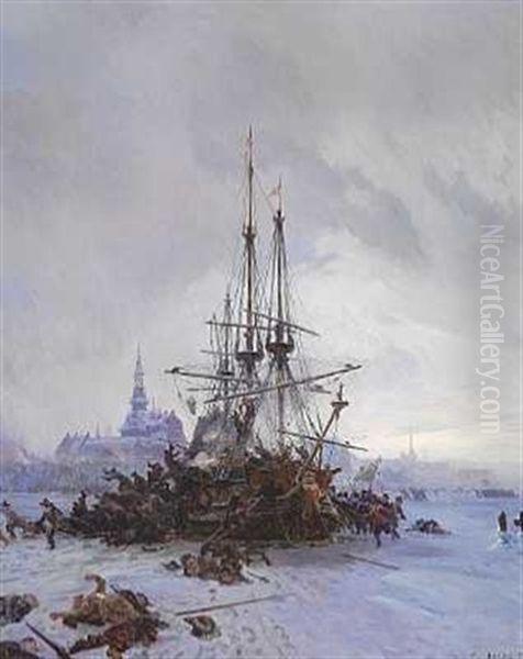 Tidlig Morgen Efter Stormen Pa Kobenhavn, Den 11. Februar 1659. Fregatten Hoienhald Tilbageerobres For Tredie Og Sidste Gang I Lobet Af Samme Nat Oil Painting by Christian Ferdinand Andreas Molsted