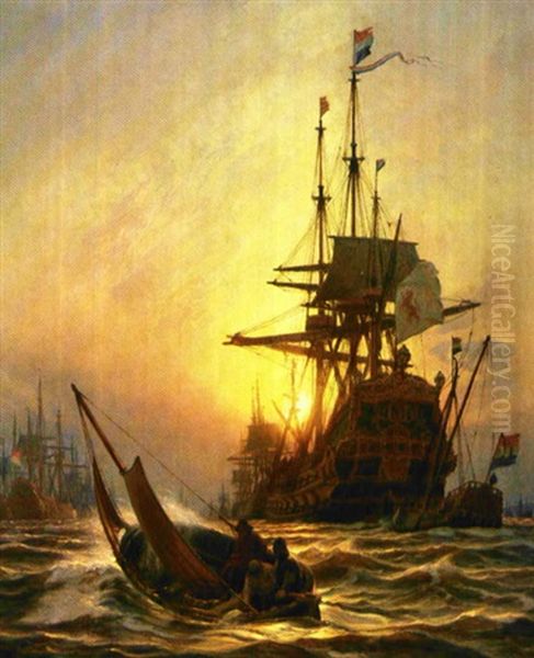 Hans Rostgaard Sejler Under Storm Ud Til Den Hollandske Undsaetningsflade Med Brev Fra Frederick Iii Til Admiral Wassenar Af Obdam 28. Okt. 1658 Oil Painting by Christian Ferdinand Andreas Molsted