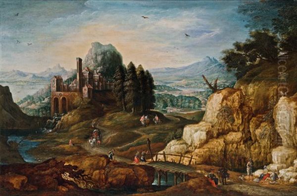 Weite Hugellandschaft Mit Burgbefestigung Und Brucke Oil Painting by Philips de Momper the Elder