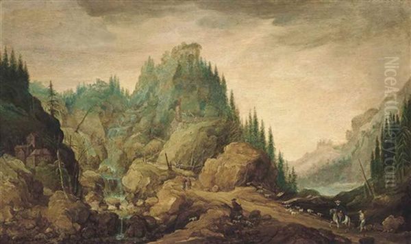 A Mountainous Wooded River Landscape With A Waterfall And Buildings, Figures, Horsemen, A Goatherd And Goats On A Path Oil Painting by Joos de Momper the Younger