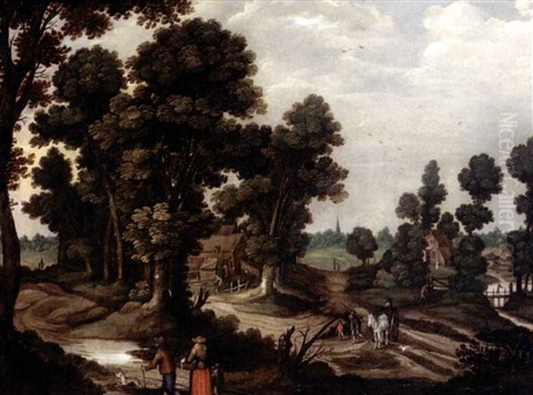 A Village Scene With A Family Walking On A Path In The Foreground Oil Painting by Joos de Momper the Younger