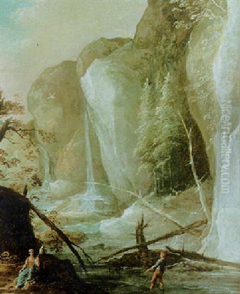 A Mountainous River Landscape With A Fisherman And A Lady Resting On The Riverbank Oil Painting by Joos de Momper the Younger