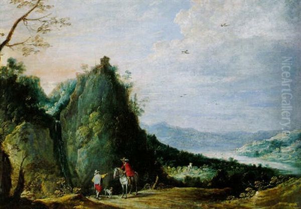 A Traveller Conversing With A Shepherd On A Mountain Path, A River Valley Beyond Oil Painting by Joos de Momper the Younger