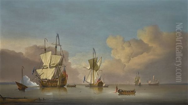 The Evening Gun: Men-o'-war And Barges In A Calm Sea Oil Painting by Peter Monamy