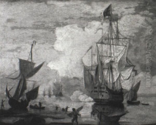 Naval Skirmish By The Coast Oil Painting by Peter Monamy