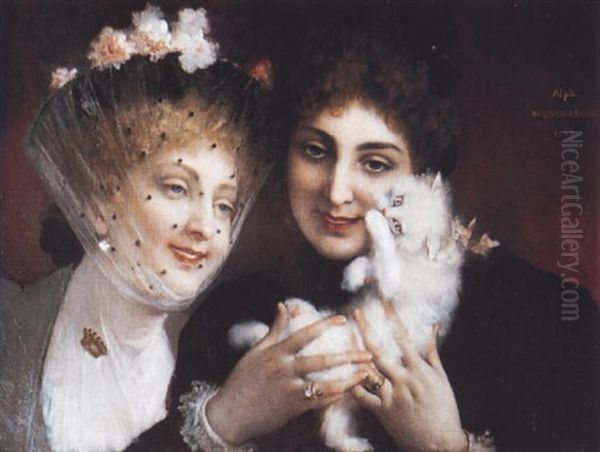 Jeunes Femmes Au Chaton Oil Painting by Xavier Alphonse Monchablon