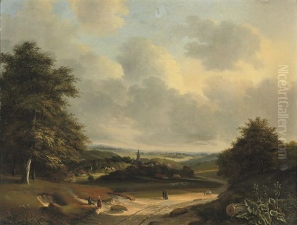 An Extensive Summerlandscape With A View Of A Small Village Oil Painting by Cornelis Marinus Willem Mongers