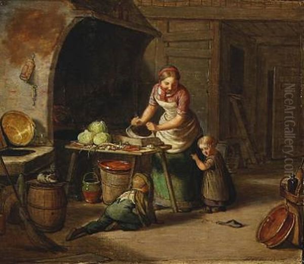A Mother In The Kitchen While The Children Are Playing Oil Painting by David Monies