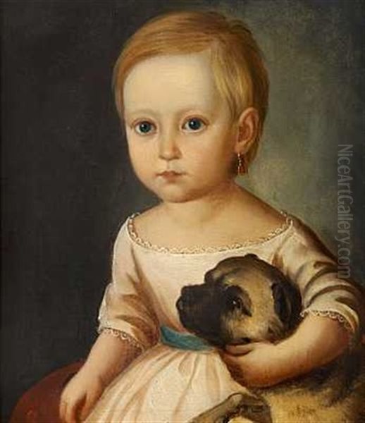 Lille Pige I Lyserod Kjole Med En Hund Under Armen Oil Painting by David Monies