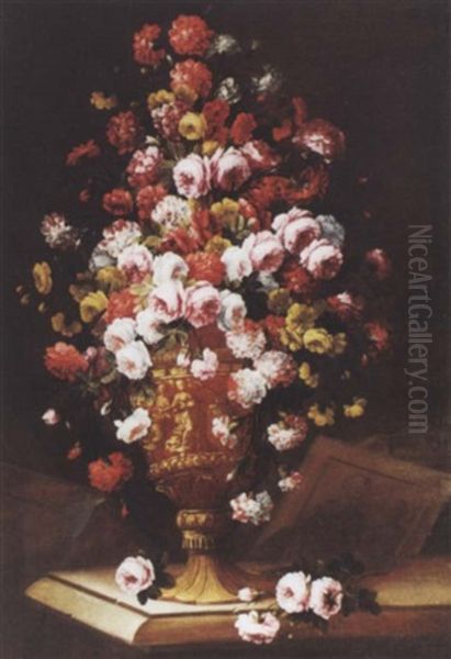 Important Vase De Fleurs Pose Sur Le Coin D'un Entablement Oil Painting by Antoine Monnoyer