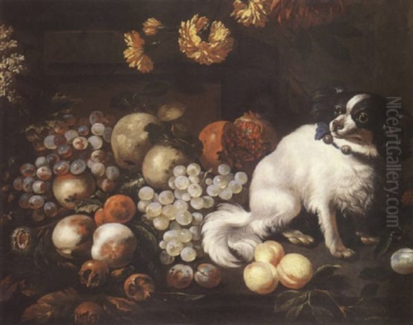 Nature Morte De Raisins, Peches Et Chien Oil Painting by Antoine Monnoyer