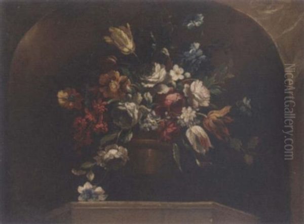 Roses, Tulips, Daffodils, Morning Glory And Other Flowers On An Urn In A Niche Oil Painting by Jean-Baptiste Monnoyer