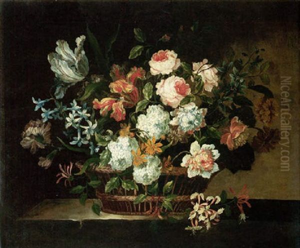 Still Life Of Tulips, Roses, Hyacinths And Other Flowers In A Wicker Basket Set On A Stone Table Oil Painting by Jean-Baptiste Monnoyer